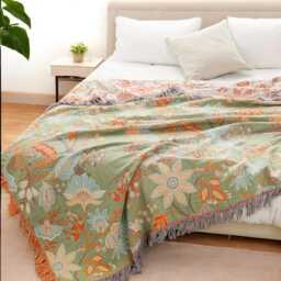 Floral Cotton Throw Blanket Reversible Boho Fringe Design - thumbnail 2