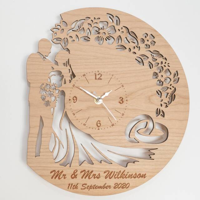 Personalised Handmade Wooden Silent Wedding Anniversary Gift Wall Clock Up To 90cm in Oak, Cherry Or Walnut - Silver Gold Hands - image 1