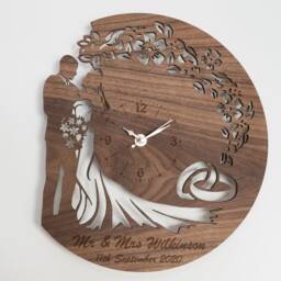 Personalised Handmade Wooden Silent Wedding Anniversary Gift Wall Clock Up To 90cm in Oak, Cherry Or Walnut - Silver Gold Hands - thumbnail 3