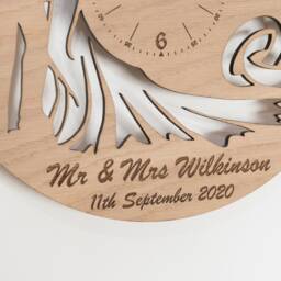 Personalised Handmade Wooden Silent Wedding Anniversary Gift Wall Clock Up To 90cm in Oak, Cherry Or Walnut - Silver Gold Hands - thumbnail 4