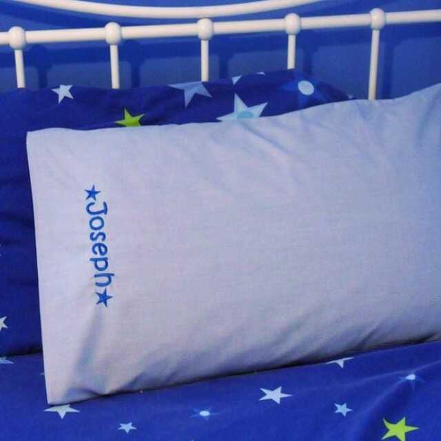 Kids Personalised Pillowcase - Blue Pillow Cover With Embroidered Name & Stars - image 1