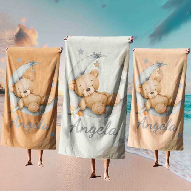 Personalised Teddy Moon Towel - Custom Name & Background Colour Cute Baby Bath Nursery Accessory Adorable Newborn Gift - image 1
