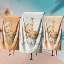 Personalised Teddy Moon Towel - Custom Name & Background Colour Cute Baby Bath Nursery Accessory Adorable Newborn Gift - thumbnail 1