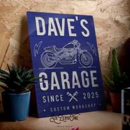Personalised Motorbike Garage Metal Sign - Four Colours Available On Brushed Aluminium Any Name & Date Custom Print - thumbnail 1