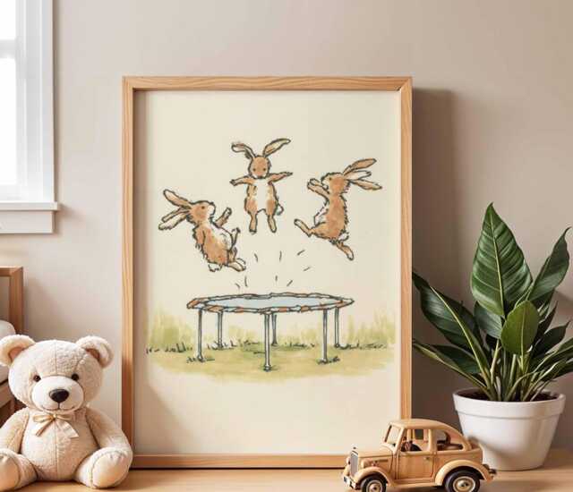 Bunny Trampoline Nursery Poster - Playful Rabbit Wall Art For Baby Room, Kids Bedroom Or Playroom Animal Decor - image 1
