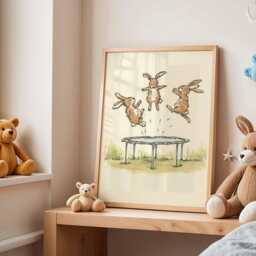 Bunny Trampoline Nursery Poster - Playful Rabbit Wall Art For Baby Room, Kids Bedroom Or Playroom Animal Decor - thumbnail 3
