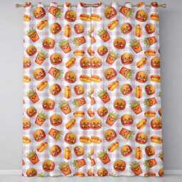 Kawaii Burger Fries Hotdog Fast Food Seamless Pattern Taupe Gingham Background Readymade Eyelet Ring Top Thermal 100% Blackout Curtains - thumbnail 2