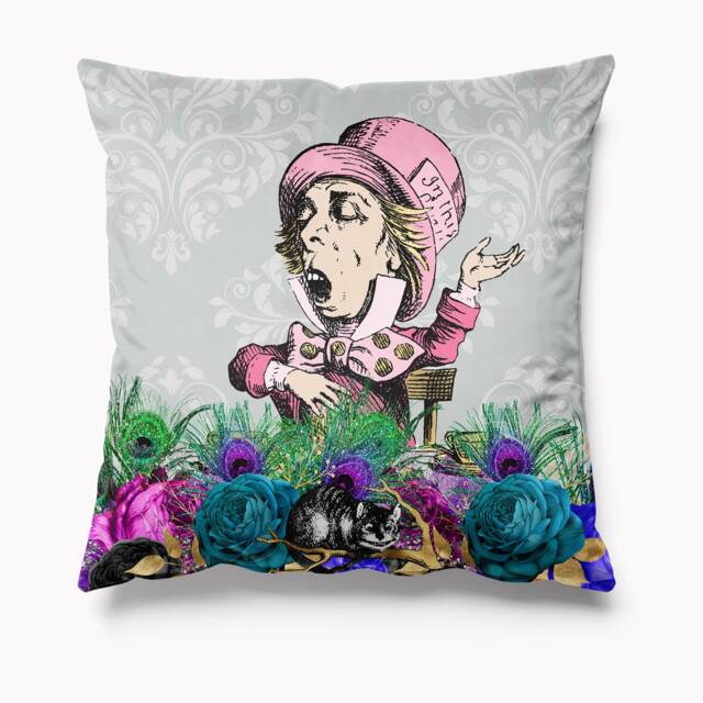 Alice in Wonderland Cushion Velvet Grey Blue 45cm X Cushions Pillows Limited Edition Mardi Gras Mad Hatters Adventures - image 1
