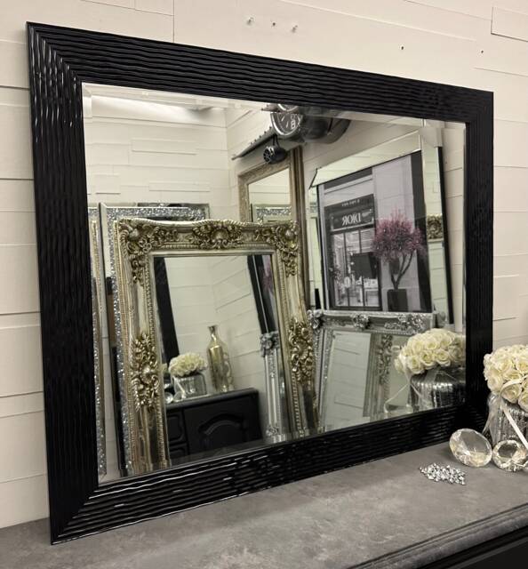 Large Black Gloss Ripple Frame Mirror Elegant Framed Galaxy Wall - Choice Of Size Premium Quality Free P&p - image 1