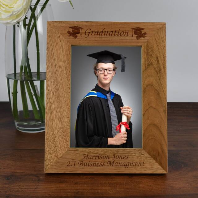 Personalised Wooden Photo Frame Graduation Gift - Engraved University Degree Present For Graduate, Son, Daughter, School Leaver, 4x6 5x7 - image 1