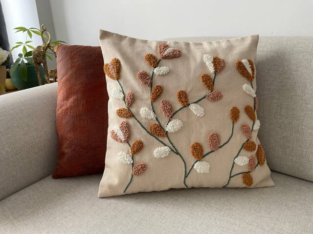Handmade Punch Needle Pillow Cover, Textured Floral Cushion, Boho Home Decor, 16x16 - image 1