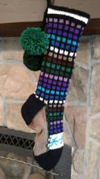Hand Knit Christmas Stocking Stained Glass Style Purple Blue Green Brown White Rainbow Small Windowpane Check Snowflake Detail - thumbnail 1