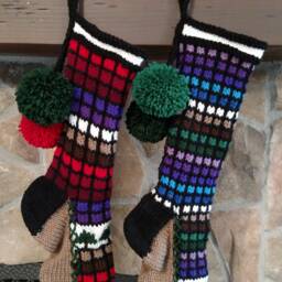 Hand Knit Christmas Stocking Stained Glass Style Purple Blue Green Brown White Rainbow Small Windowpane Check Snowflake Detail - thumbnail 3