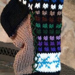 Hand Knit Christmas Stocking Stained Glass Style Purple Blue Green Brown White Rainbow Small Windowpane Check Snowflake Detail - thumbnail 2