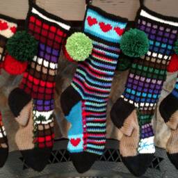 Hand Knit Christmas Stocking Stained Glass Style Purple Blue Green Brown White Rainbow Small Windowpane Check Snowflake Detail - thumbnail 4