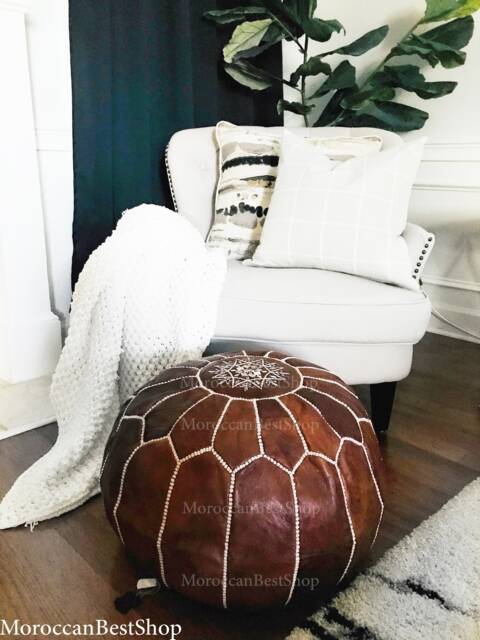 Moroccan Leather Pouf Ottoman, Versatile Footstool, Coffee Table, Boho Home Decor - image 1