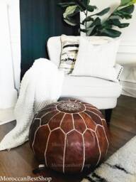 Moroccan Leather Pouf Ottoman, Versatile Footstool, Coffee Table, Boho Home Decor - thumbnail 1