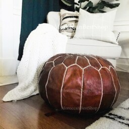 Moroccan Leather Pouf Ottoman, Versatile Footstool, Coffee Table, Boho Home Decor - thumbnail 4
