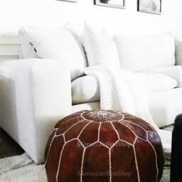 Moroccan Leather Pouf Ottoman, Versatile Footstool, Coffee Table, Boho Home Decor - thumbnail 3