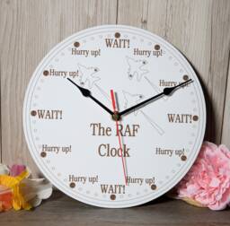 Raf Royal Air Force Type Hurry Up & Wait Quartz Clock. Wall Mounted. Engraved White Coated Mdf