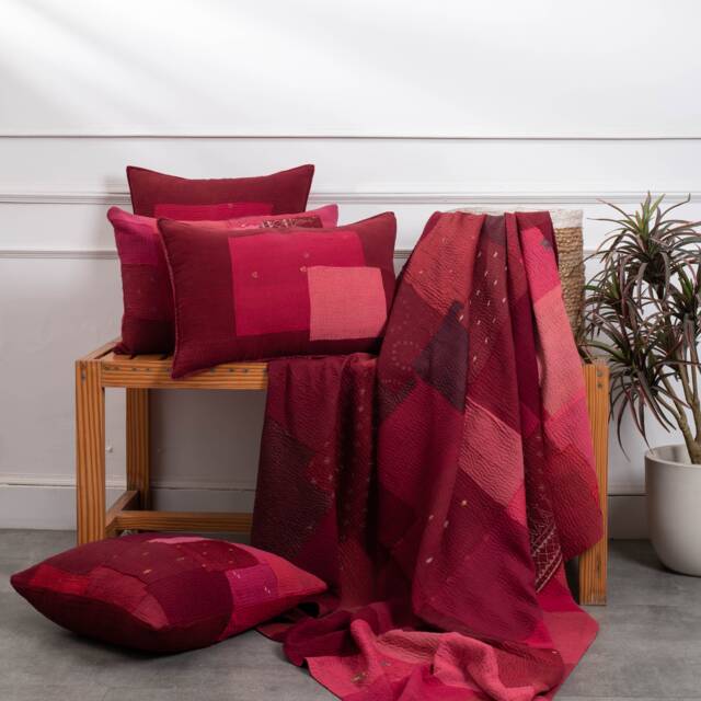 Landscape Fray Handmade Vintage Kantha Throw - Red - image 1