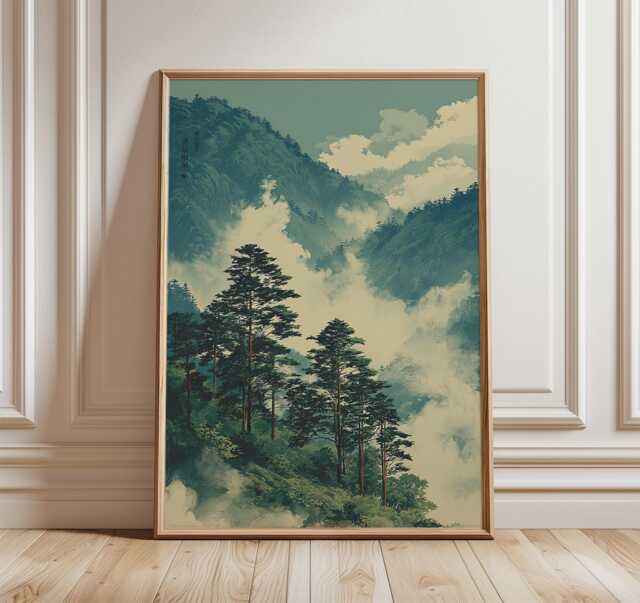 Misty Mountain Forest Poster, Japanese-Inspired Landscape Art Print, Serene Nature Wall - image 1