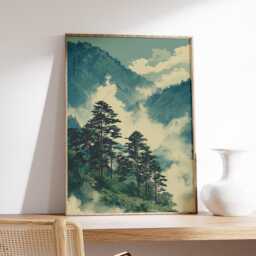 Misty Mountain Forest Poster, Japanese-Inspired Landscape Art Print, Serene Nature Wall - thumbnail 2