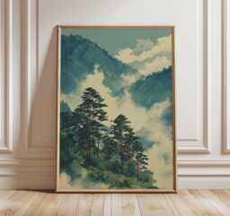 Misty Mountain Forest Poster, Japanese-Inspired Landscape Art Print, Serene Nature Wall - thumbnail 1