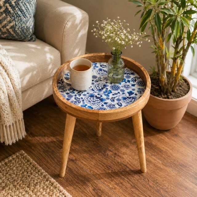 Handcrafted Mango Wood Side Table Santorini Enamel Print, Detachable Legs - image 1