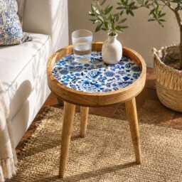 Handcrafted Mango Wood Side Table Santorini Enamel Print, Detachable Legs - thumbnail 3