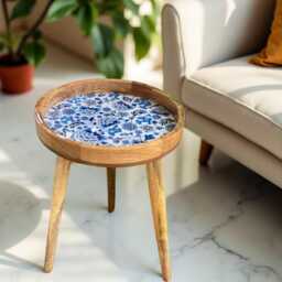 Handcrafted Mango Wood Side Table Santorini Enamel Print, Detachable Legs - thumbnail 2