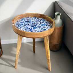 Handcrafted Mango Wood Side Table Santorini Enamel Print, Detachable Legs - thumbnail 4