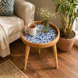 Handcrafted Mango Wood Side Table Santorini Enamel Print, Detachable Legs - thumbnail 1