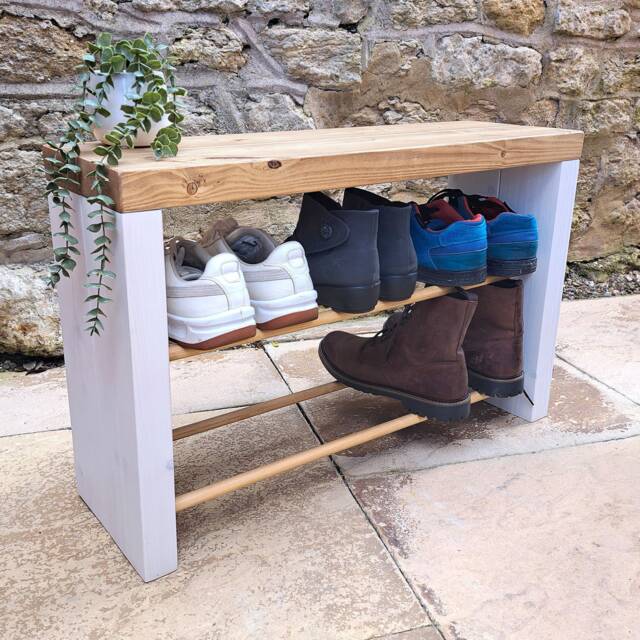 Rustic Shoe Bench Rack Handmade Solid Wood Hallway Storage - image 1