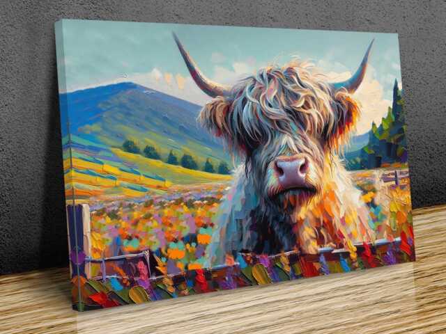 Hairy Scottish Cow Vibrant Colours Wall Art, Hangings , Home D??cor, Mounted Canvas Print Ready To Hang - image 1