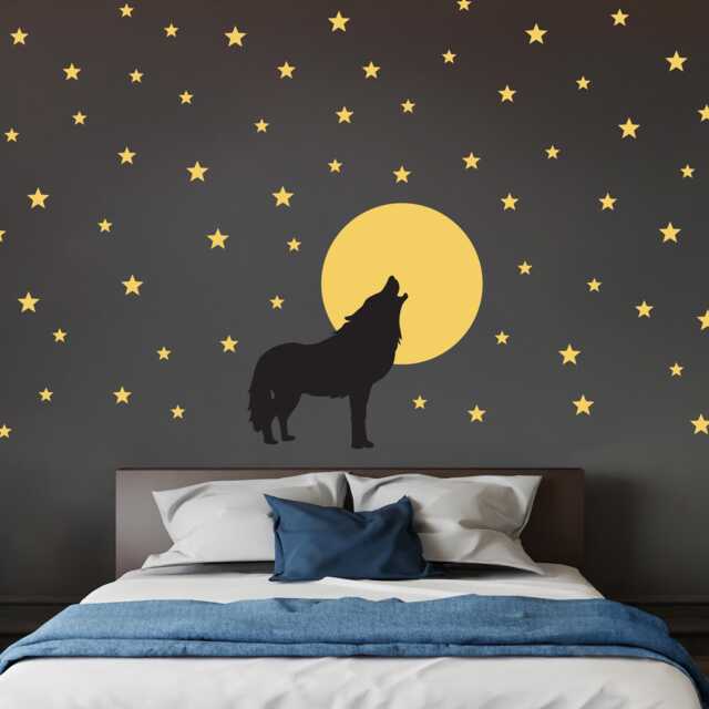 Wolf Howling At Moon & Stars Wall Decal Set Wildlife Decor - image 1