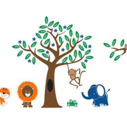 Kids Jungle Scene Monkey Tiger Frog Elephant Tree Vinyl Wall Art Decal Sticker - thumbnail 2