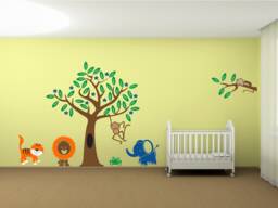Kids Jungle Scene Monkey Tiger Frog Elephant Tree Vinyl Wall Art Decal Sticker - thumbnail 1