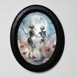 Halloween Black Oval Wooden Framed Picture, Gothic Print, Cute Romantic, Dancing Skeleton Couple, Wall Hanging, Table Top, 3x4, 4x6, 5x7 - thumbnail 1