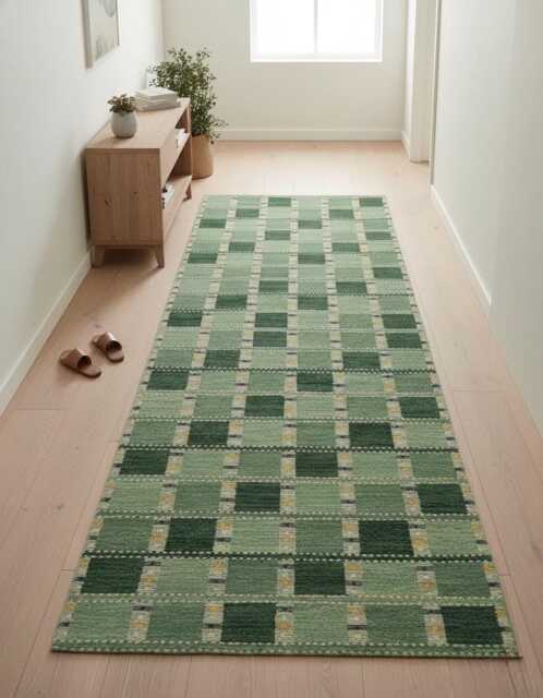 Handmade Scandinavian Geometric Wool Kilim Rug, Olive Green Boho Custom Size - image 1
