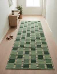 Handmade Scandinavian Geometric Wool Kilim Rug, Olive Green Boho Custom Size - thumbnail 1