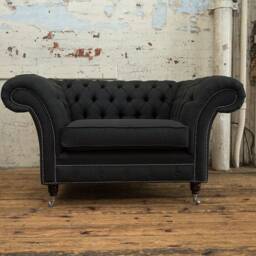 Charcoal Grey Herringbone Wool Fabric Chesterfield Snuggle Armchair, Loveseat - British Handmade - thumbnail 2