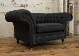 Charcoal Grey Herringbone Wool Fabric Chesterfield Snuggle Armchair, Loveseat - British Handmade - thumbnail 1