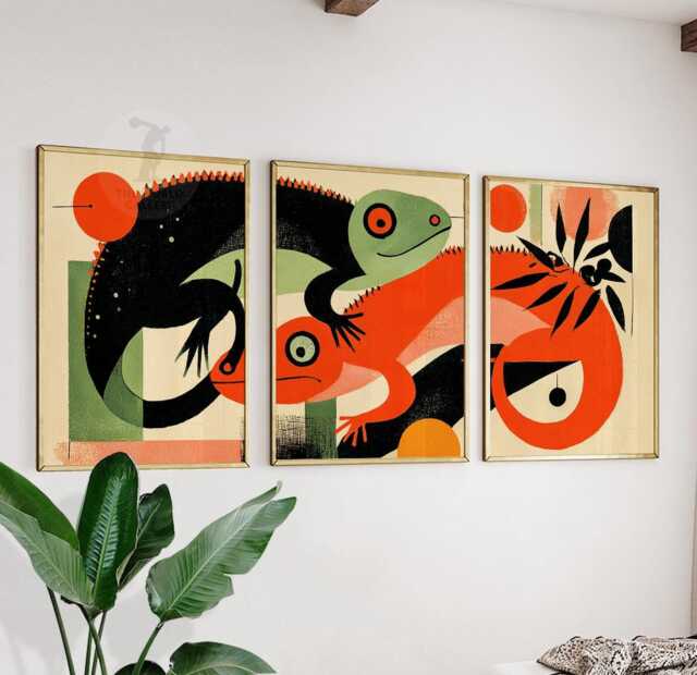 Abstract Iguana Wall Art Set Of 3 - Mid Century Modern Animal Prints Retro Pop Decor in Red, Green & Black Bold Living Room - image 1
