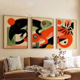 Abstract Iguana Wall Art Set Of 3 - Mid Century Modern Animal Prints Retro Pop Decor in Red, Green & Black Bold Living Room - thumbnail 3