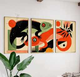 Abstract Iguana Wall Art Set Of 3 - Mid Century Modern Animal Prints Retro Pop Decor in Red, Green & Black Bold Living Room - thumbnail 1