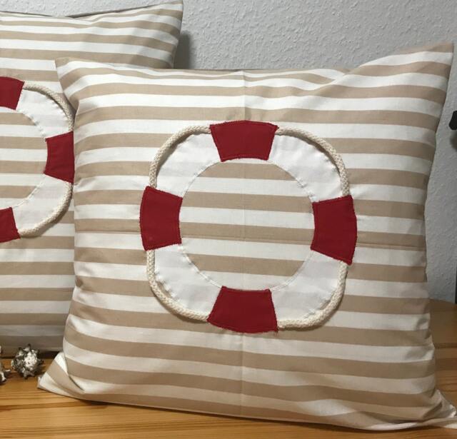 Maritime Cushion Cover, Country Style Cover Decorative Lifebuoy Beige/Red Striped 50x50cm - image 1