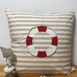 Maritime Cushion Cover, Country Style Cover Decorative Lifebuoy Beige/Red Striped 50x50cm - thumbnail 2