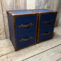 Pebble Blue Hand Dyed Tan Leather End Tables Bed Side Trunks Draws Bedroom Furniture - thumbnail 3
