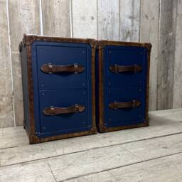 Pebble Blue Hand Dyed Tan Leather End Tables Bed Side Trunks Draws Bedroom Furniture - thumbnail 2